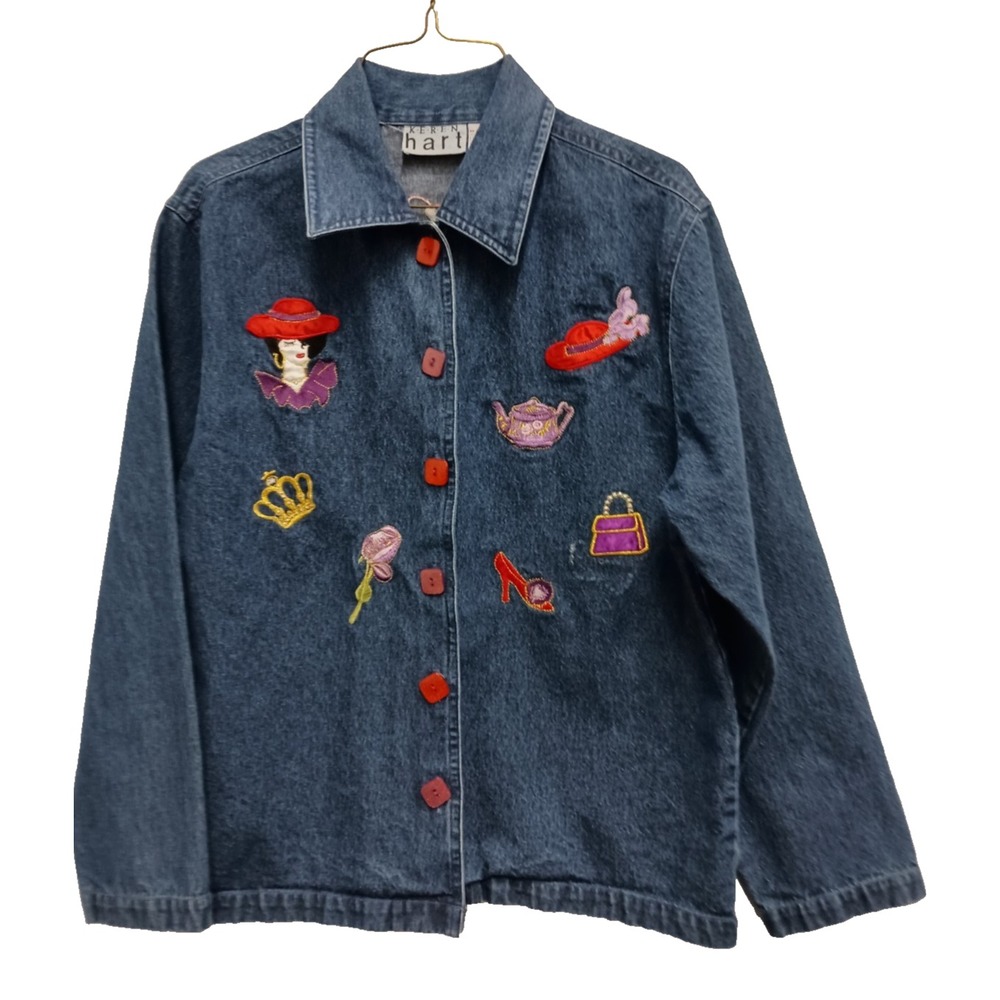 VTG 90s Keren Hart Denim Jacket Womens Medium Blue Red Hat Embroidered Artsy